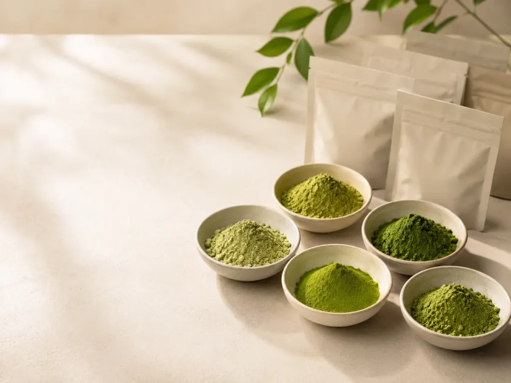 Multiple matcha powder samples and packaging formats for food and beverage manufacturing evaluation.
