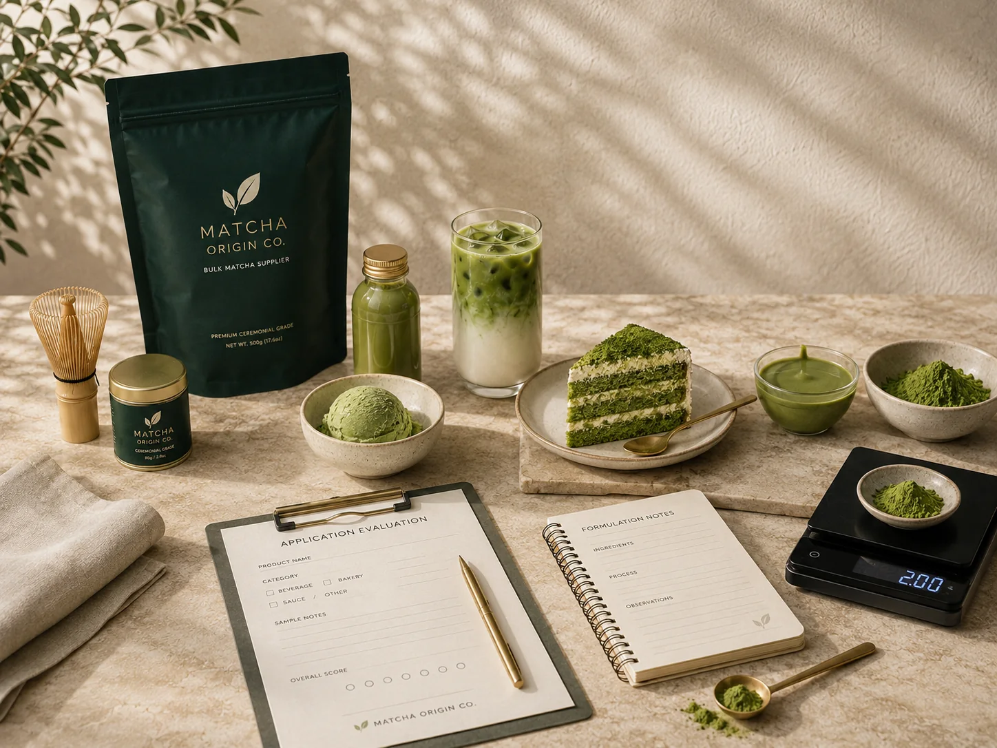 Matcha sample evaluation with product applications, scale, score sheet and formulation notes