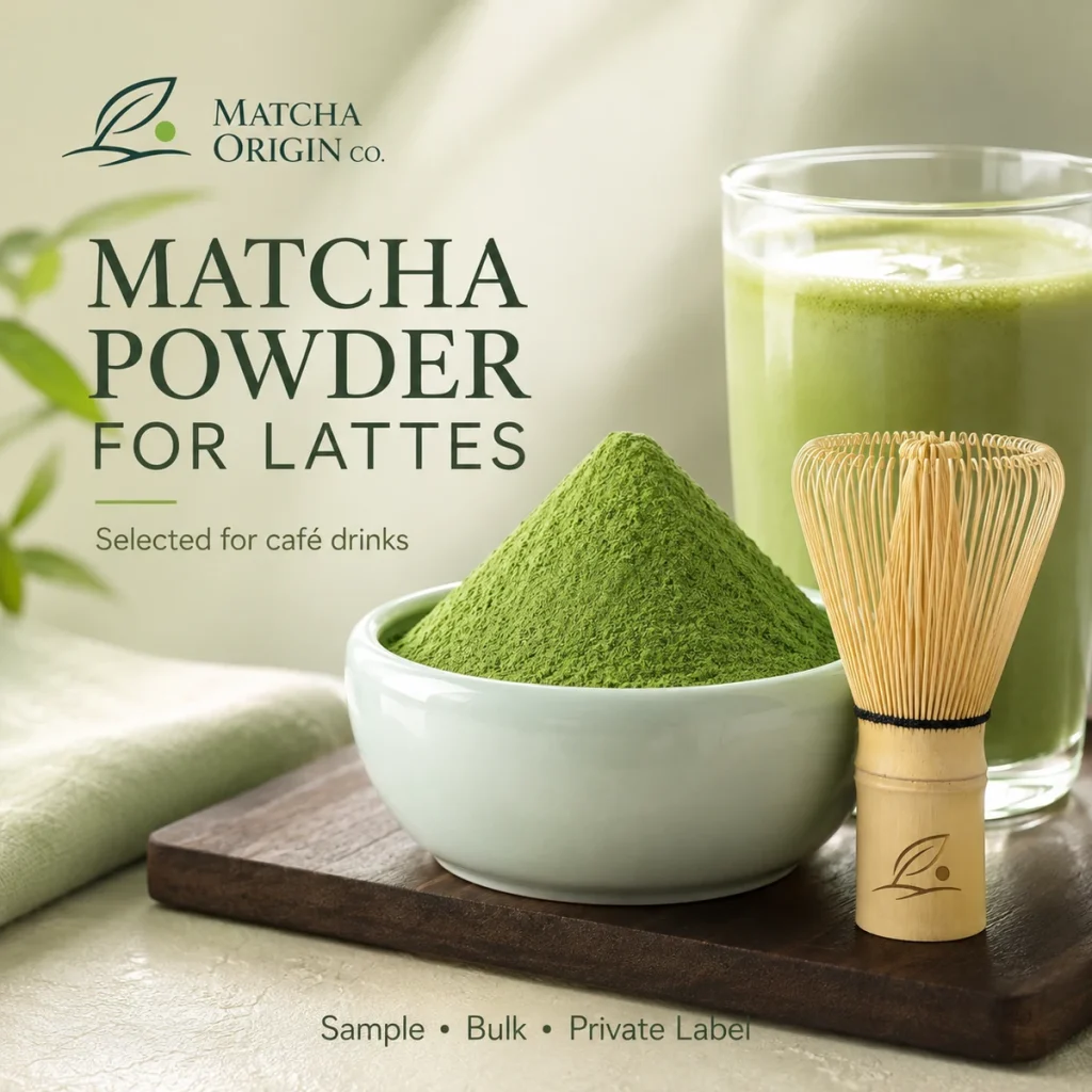 Matcha powder for lattes and café drinks with prepared green latte and bamboo whisk.