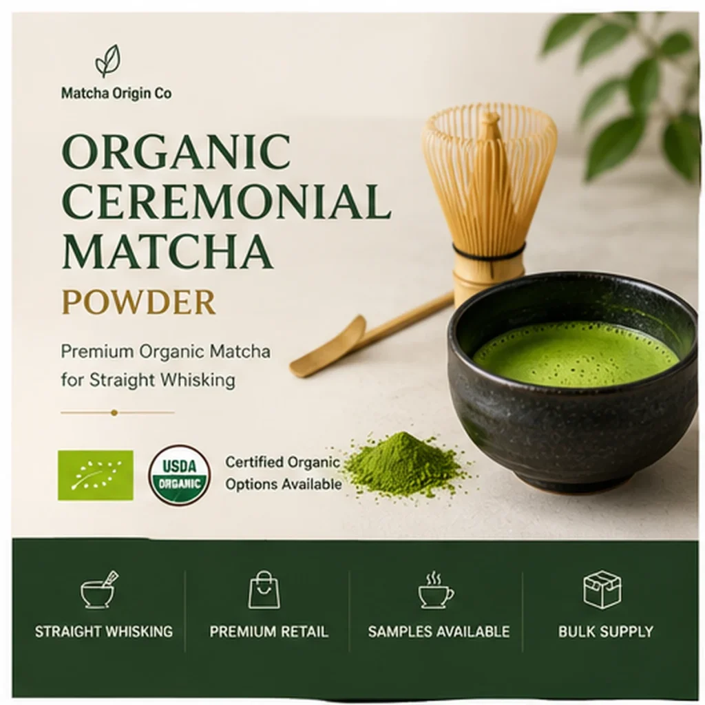 Organic ceremonial matcha powder for straight whisking with a bamboo whisk and prepared matcha.