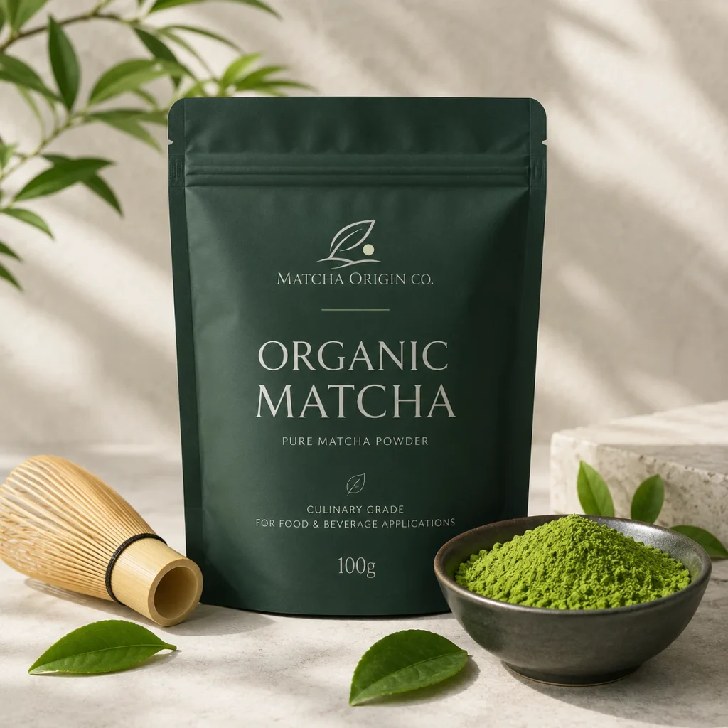 Organic matcha powder product hero with Matcha Origin Co. packaging, bamboo whisk and green matcha powder