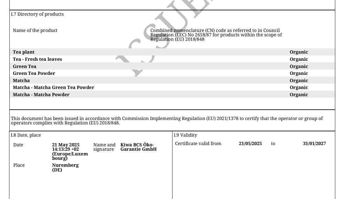 Organic matcha product scope and validity detail