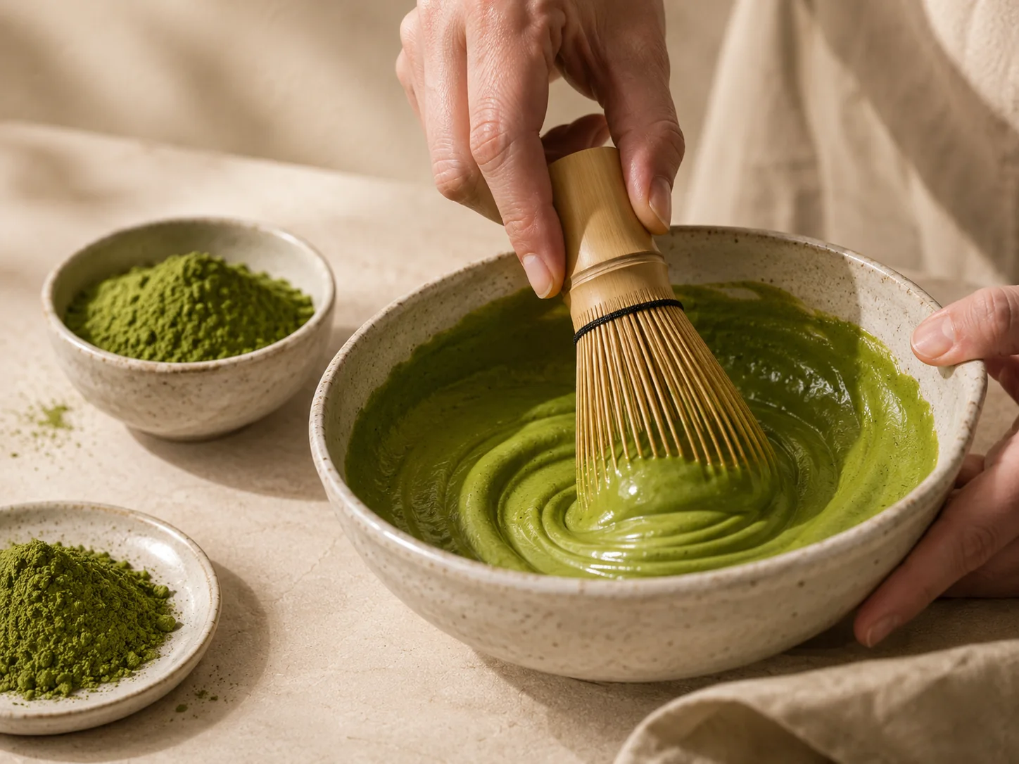 Whisking culinary matcha into a smooth base for baking and desserts