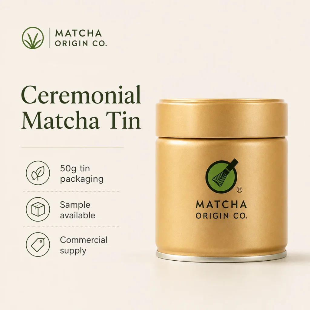Private label ceremonial matcha tin in a gold 50g-style package with Matcha Origin Co branding.
