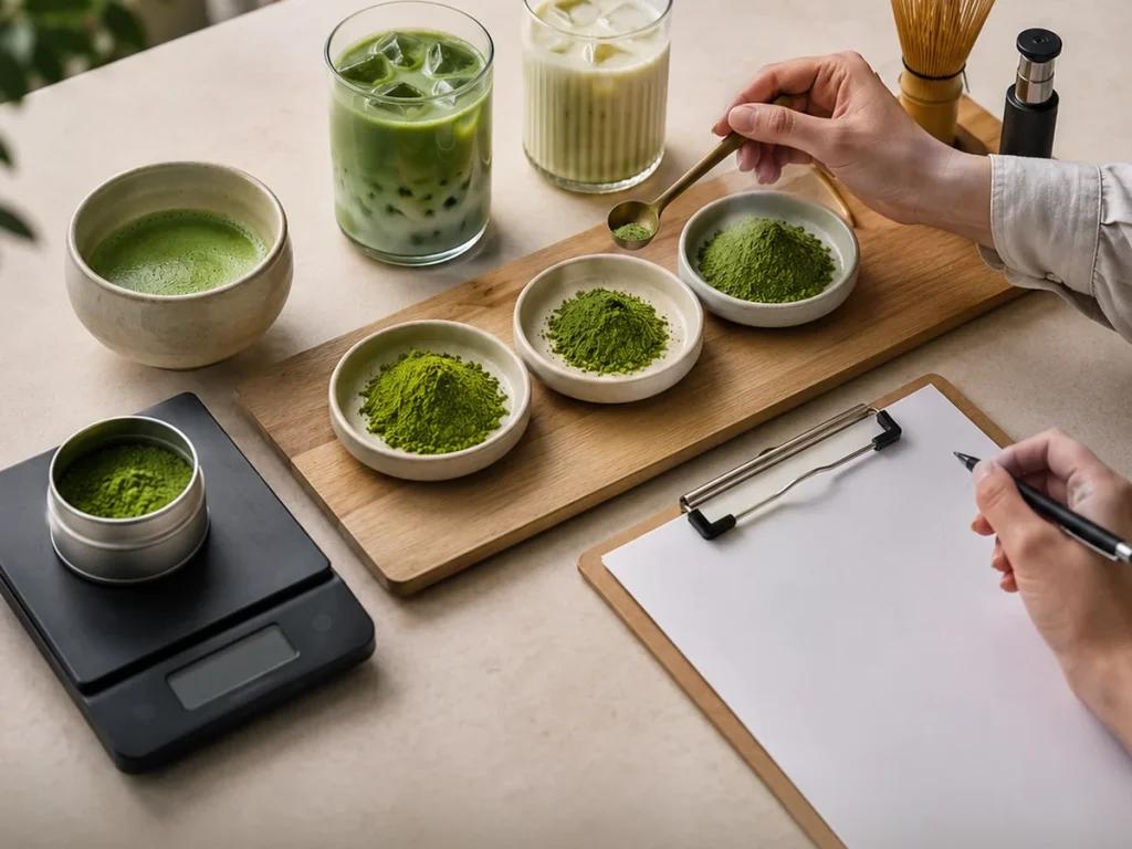 Matcha samples, prepared drinks, a scale and evaluation notes for commercial matcha selection.