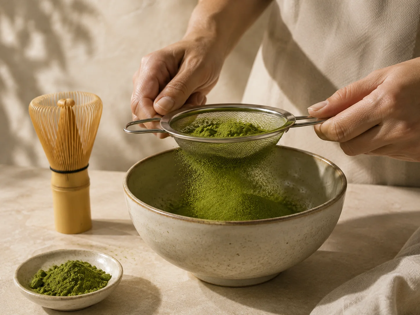 Sifting culinary matcha powder into a mixing bowl for baking