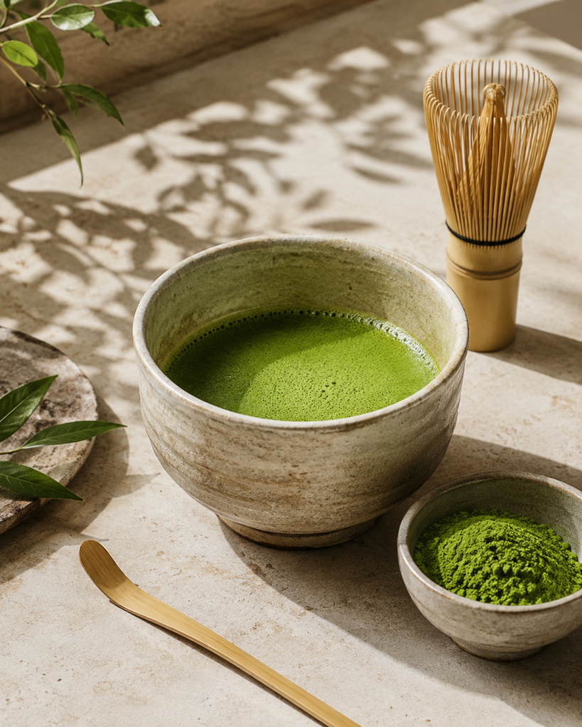 Whisked matcha in a ceramic bowl with bamboo whisk and matcha powder for straight tea service.
