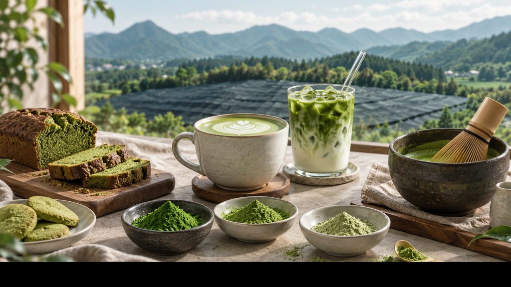 Matcha powder displayed with latte, iced matcha, whisked matcha and baked goods in a mountain tea farm setting.