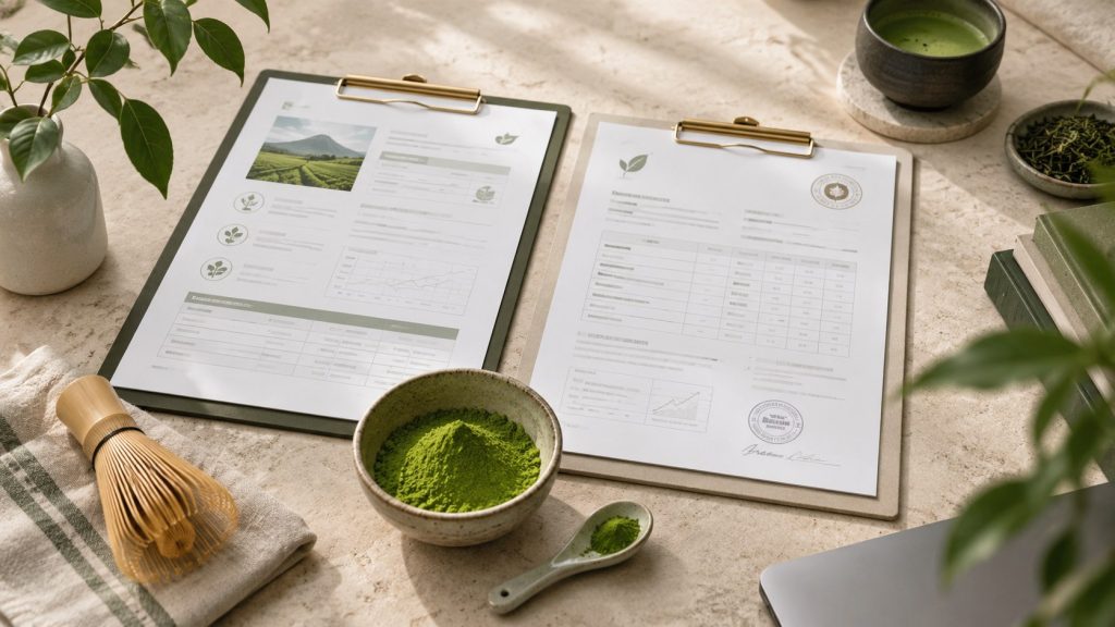 Matcha documentation still life with certification papers, quality reports, and commercial review materials