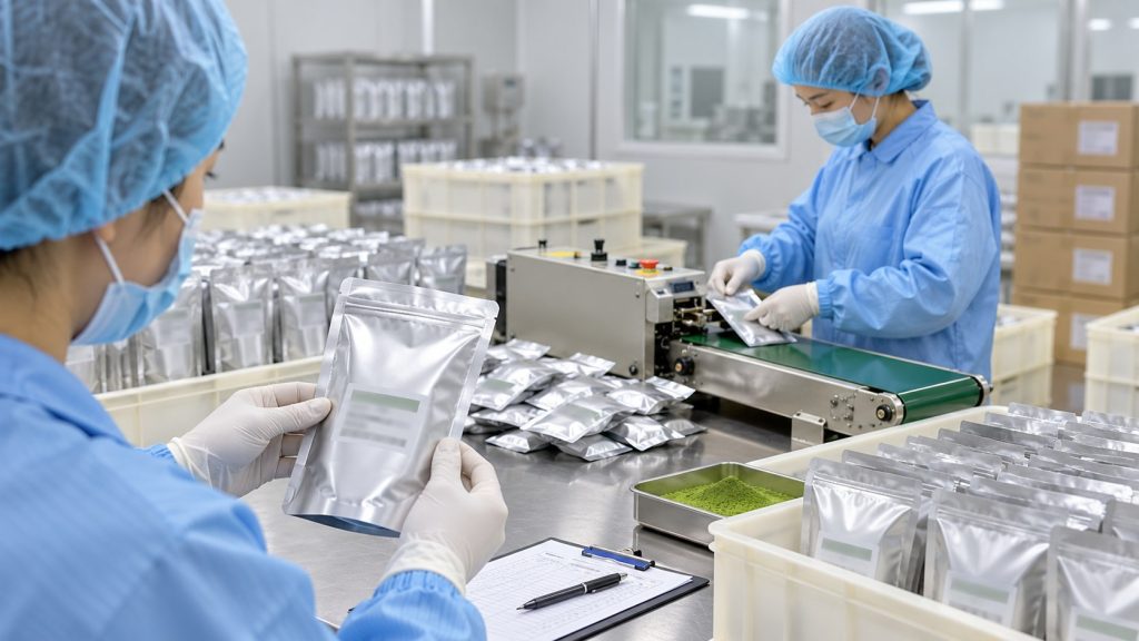 Clean room packaging line for matcha powder with controlled handling and pouch packing process