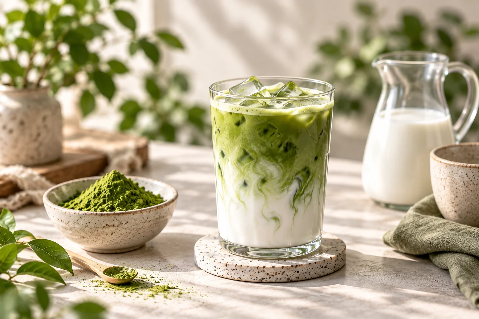 Iced matcha latte with matcha powder prepared for a milk-based drink