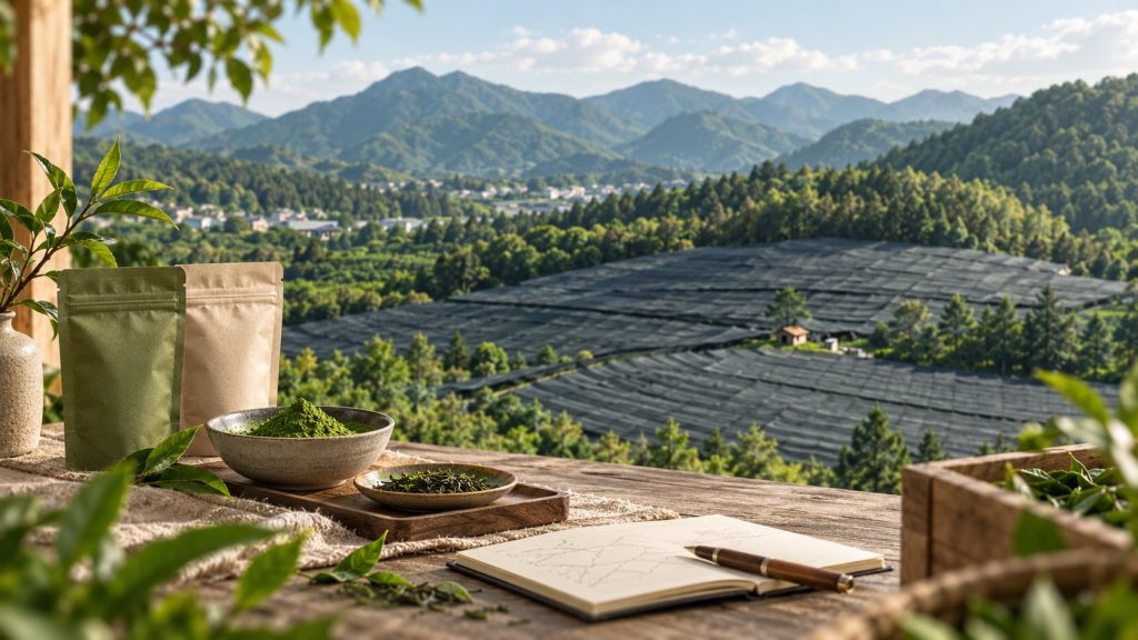 Matcha powder and tea leaves displayed in front of a mountain tea farm landscape.
