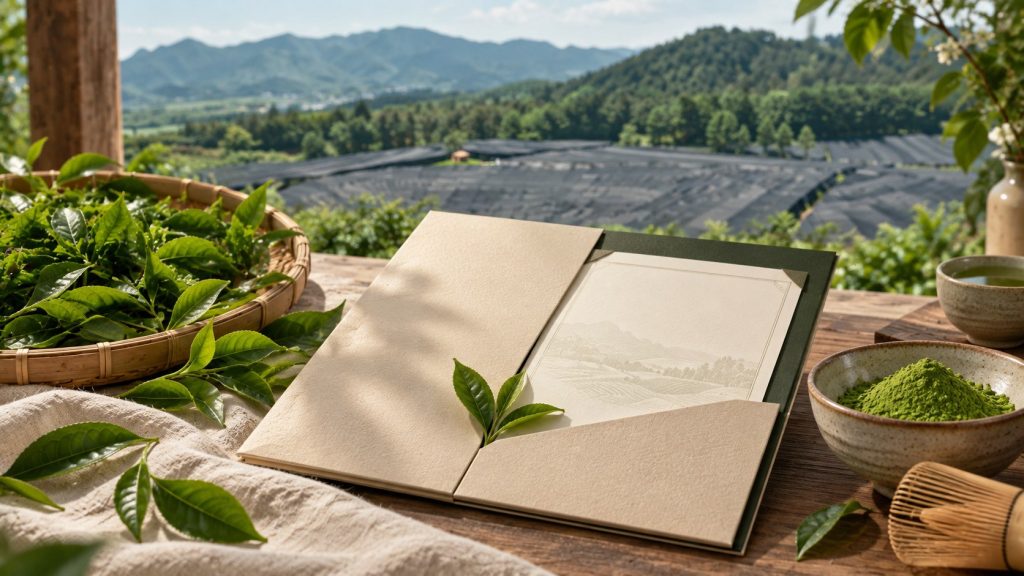 Matcha origin and traceability concept with tea garden landscape and matcha powder presentation