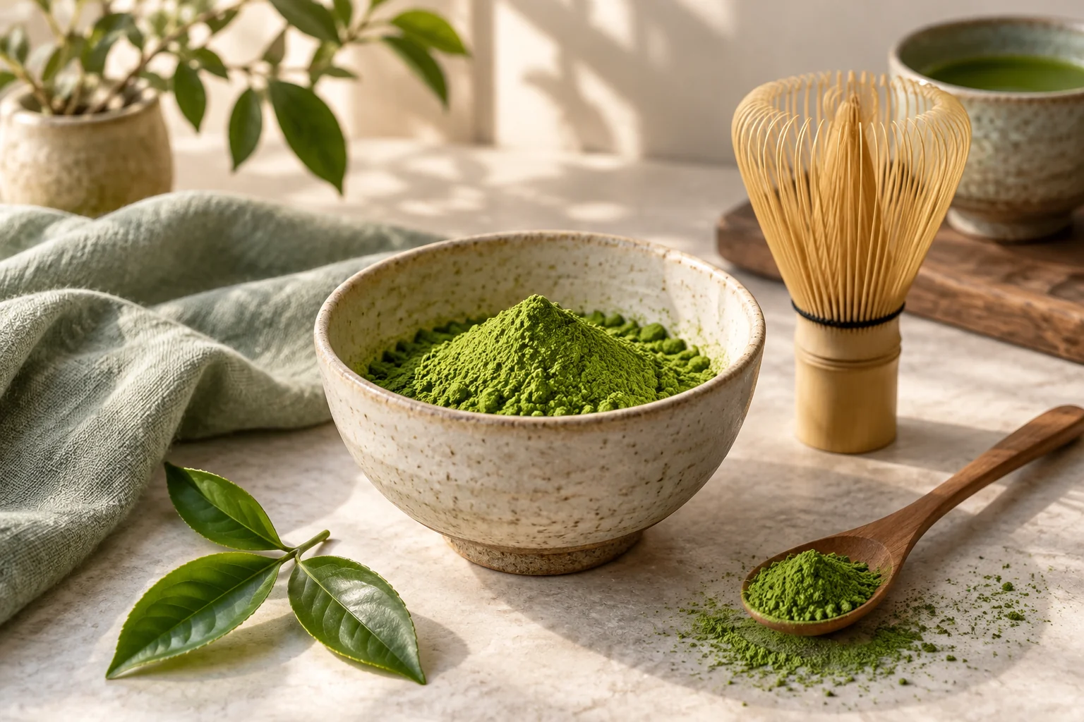 Fine matcha powder with tea leaves and a bamboo whisk