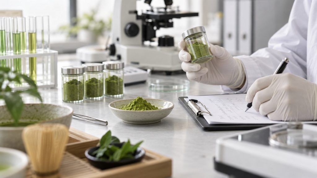 Laboratory quality testing of matcha powder for analytical review, safety checks, and product evaluation