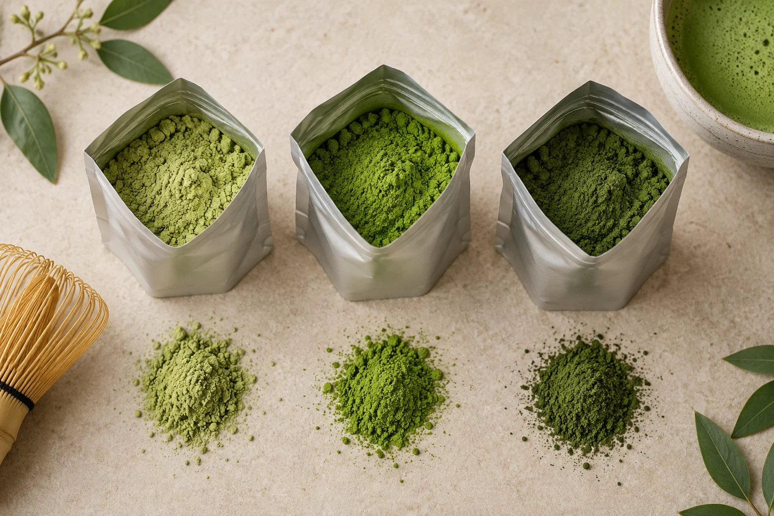 Visual comparison of different matcha powder profiles in open pouches