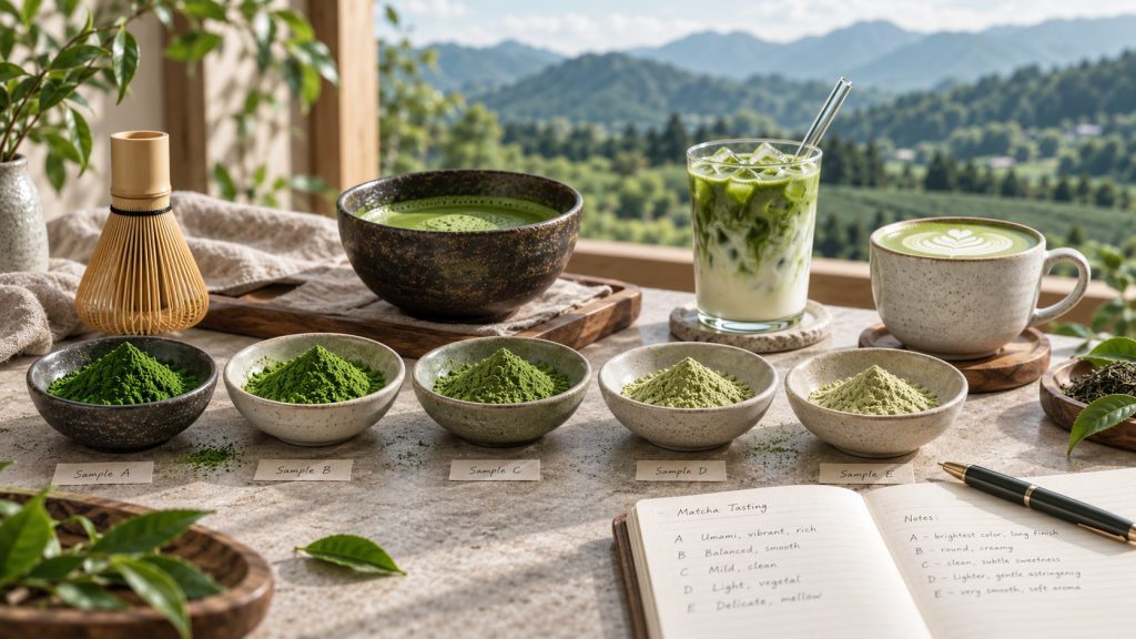Multiple matcha powder samples arranged in bowls for commercial quality comparison and tasting evaluation.