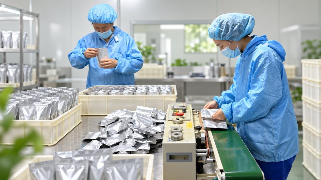 Workers packing silver matcha pouches in a clean production room.