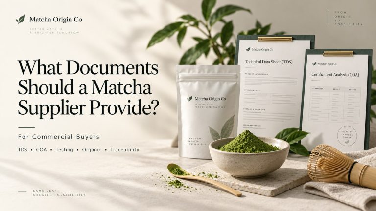 Commercial guide to matcha supplier documents including quality testing, traceability, and certification review