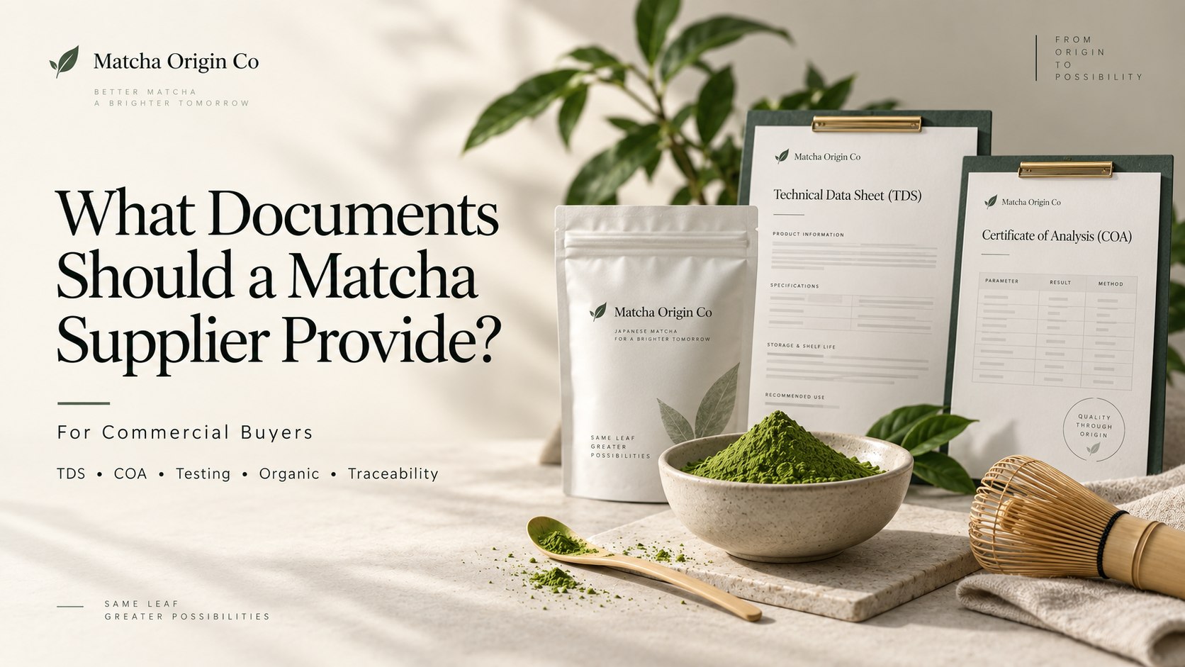 Commercial guide to matcha supplier documents including quality testing, traceability, and certification review
