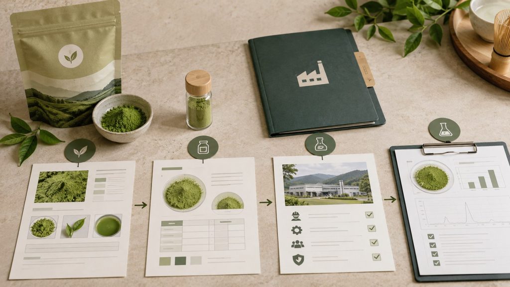 Matcha supply chain quality control concept showing sourcing, batch review, testing, and documentation flow