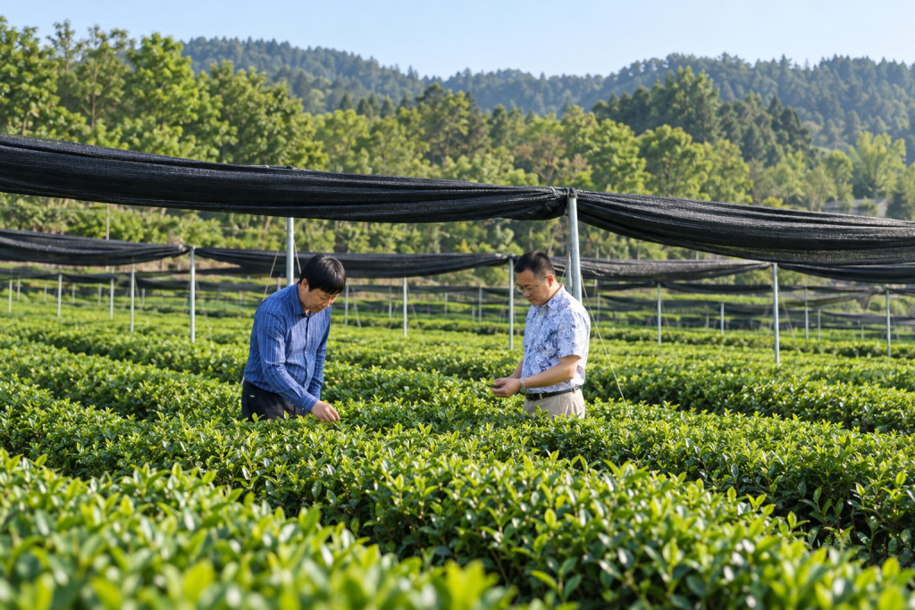 Tea producer inspecting leaves in a matcha tea field before harvest