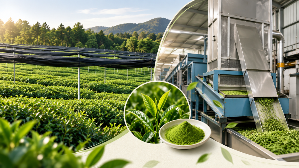 Shade-covered matcha tea field beside a processing facility