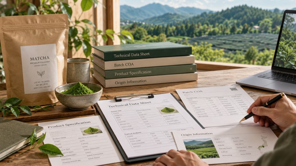 Technical data sheet, batch COA and product specification documents for commercial matcha evaluation.