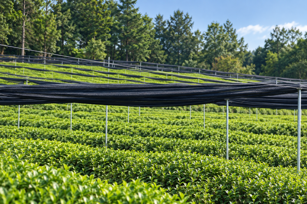 Shade-grown tea field covered for matcha production