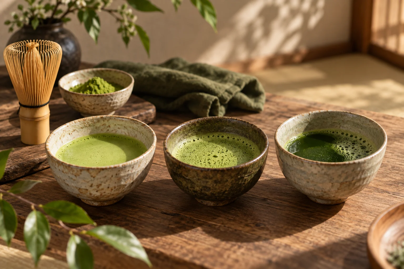 Whisked matcha comparison showing differences in color, foam and appearance