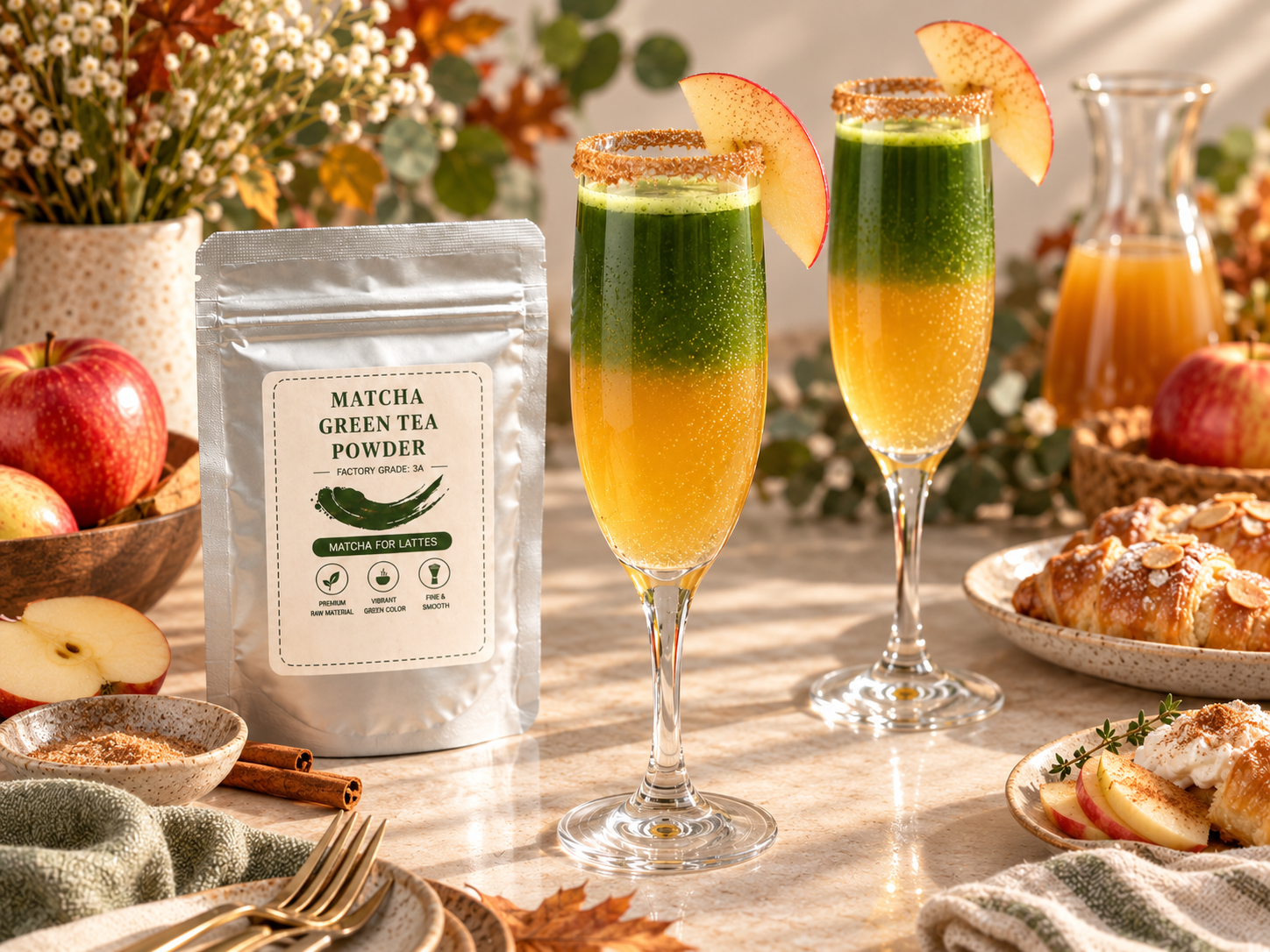 Alcohol-free sparkling apple matcha drink for a fall café menu