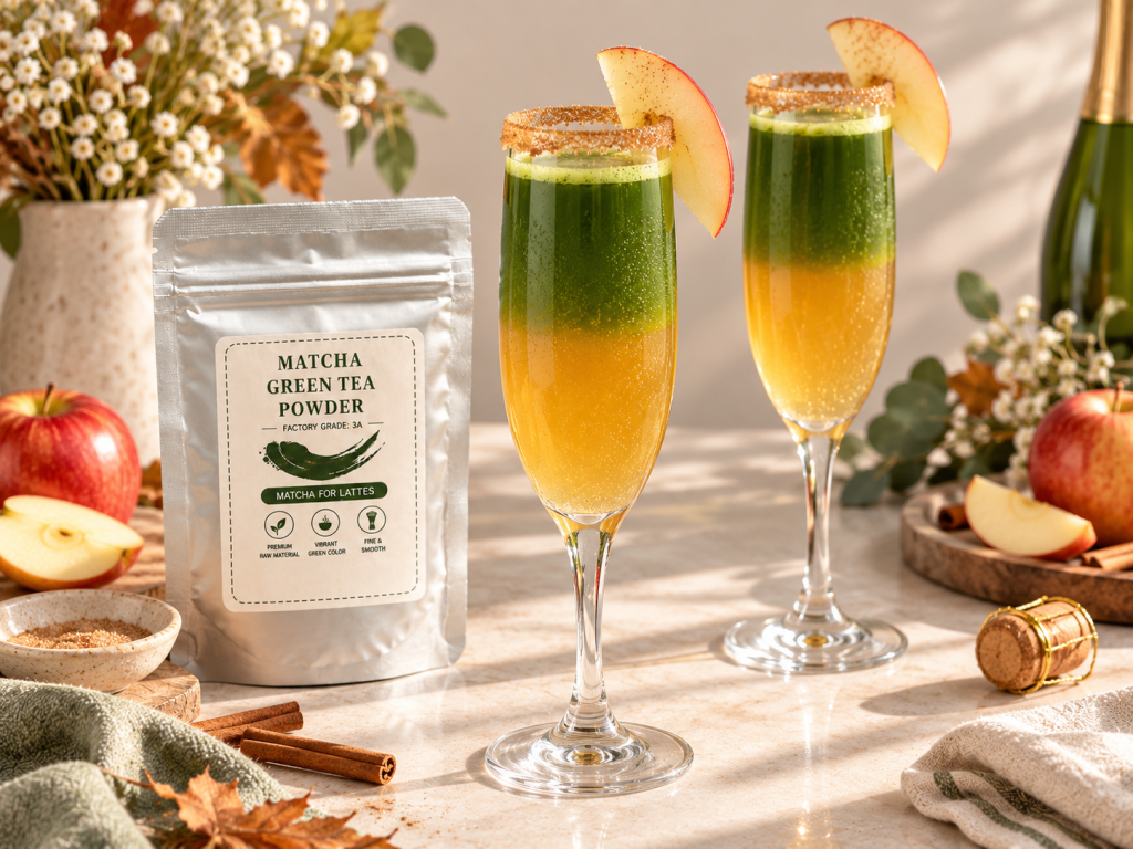 Apple cider matcha mimosa with layered matcha and sparkling apple cider