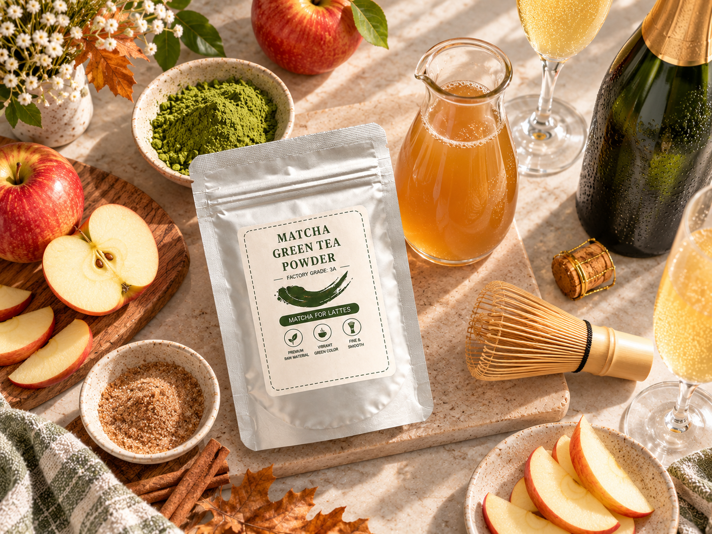 Ingredients for an apple cider matcha mimosa recipe