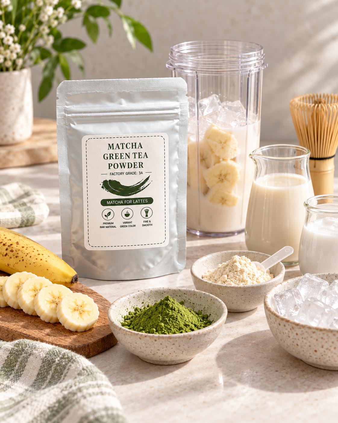 Ingredients for an iced banana cream matcha latte with matcha powder, banana and milk