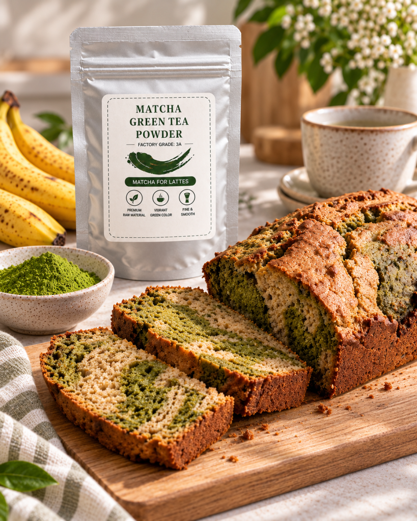 Brown butter matcha banana bread loaf with sliced matcha crumb
