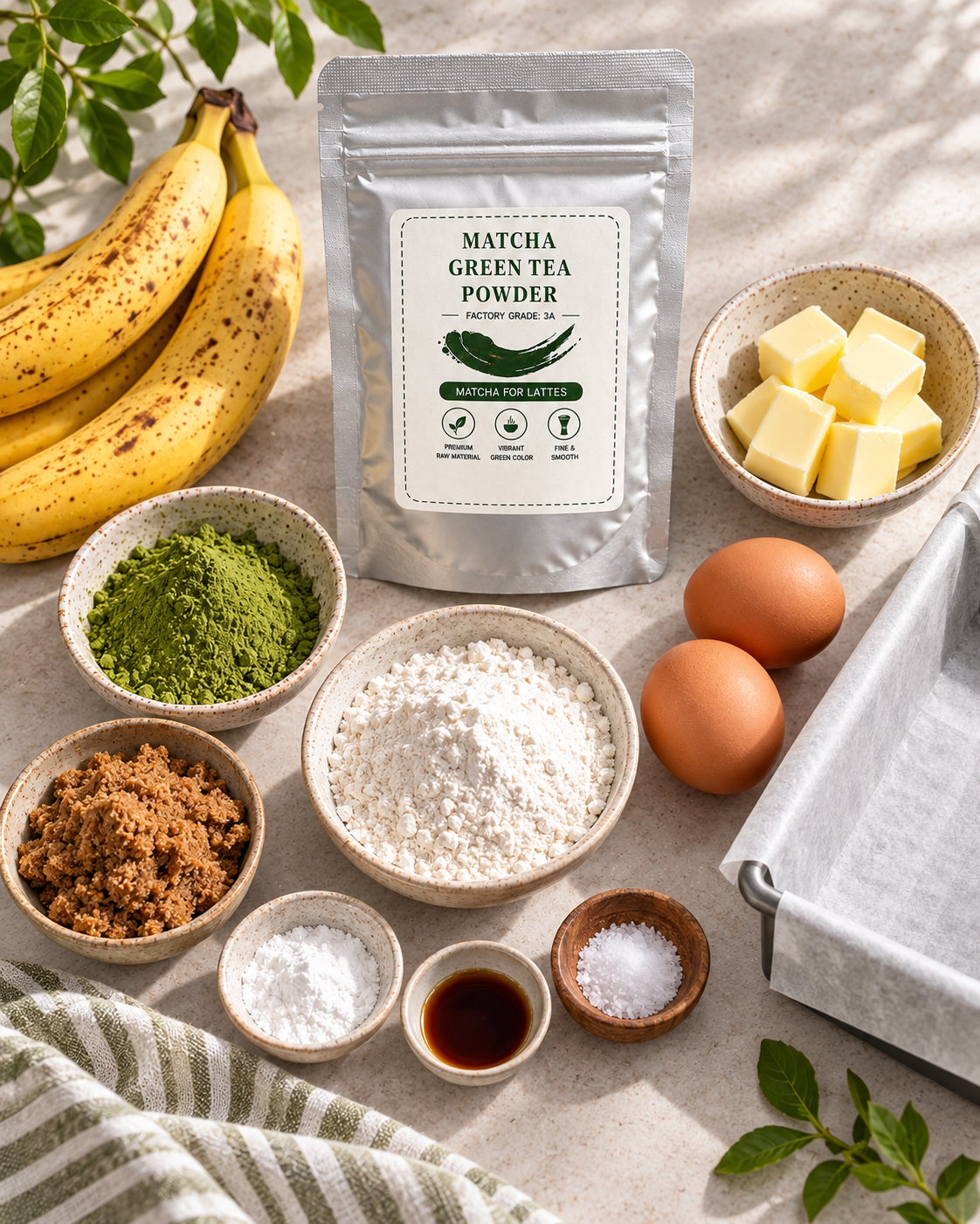 Ingredients for brown butter matcha banana bread with culinary matcha