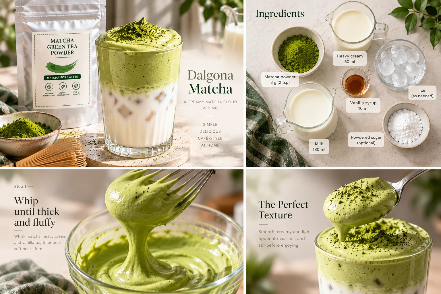 Ingredients and preparation overview for a dalgona matcha latte