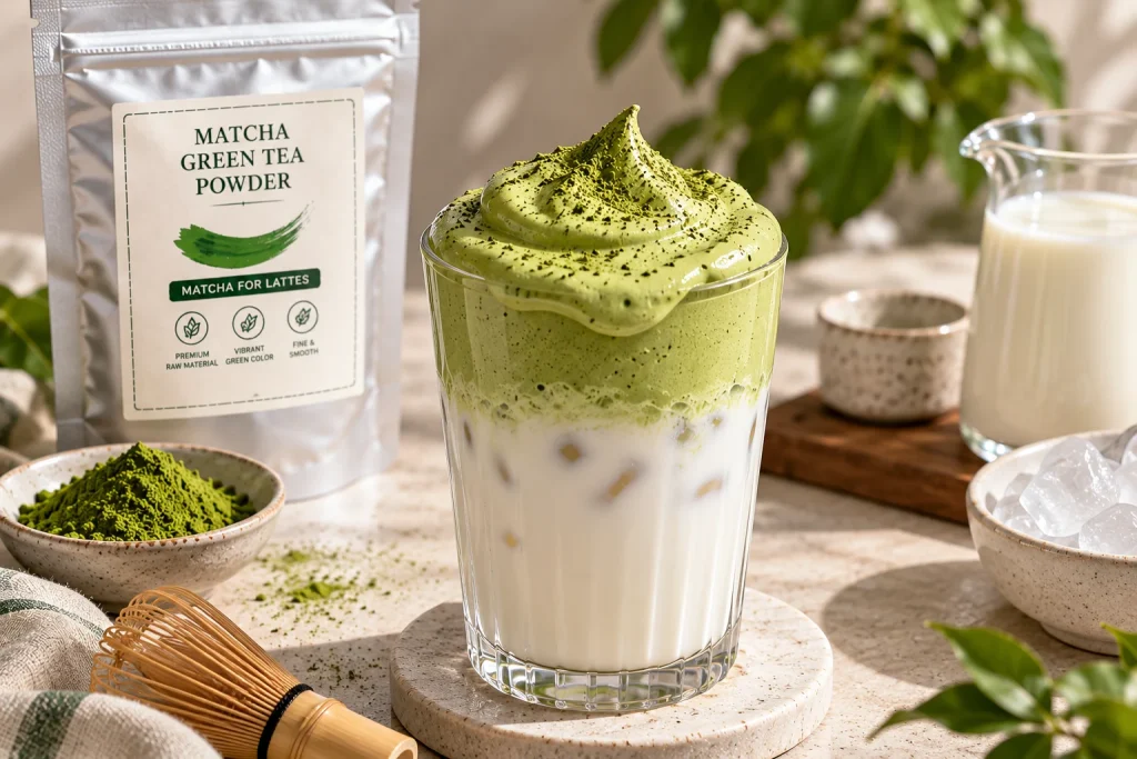 Dalgona matcha latte with whipped matcha foam served over milk