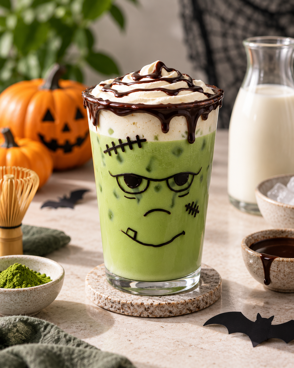 Halloween Frankenstein matcha latte with vanilla cold foam and chocolate rim