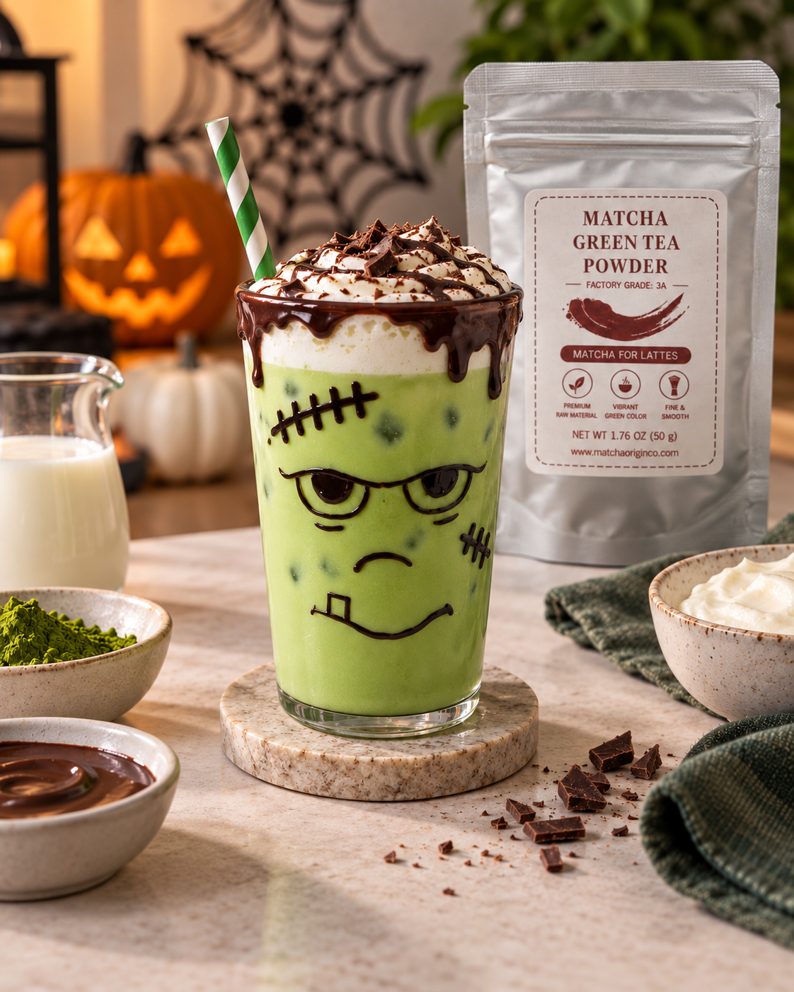 Preparing a Frankenstein Halloween matcha latte for a seasonal café menu