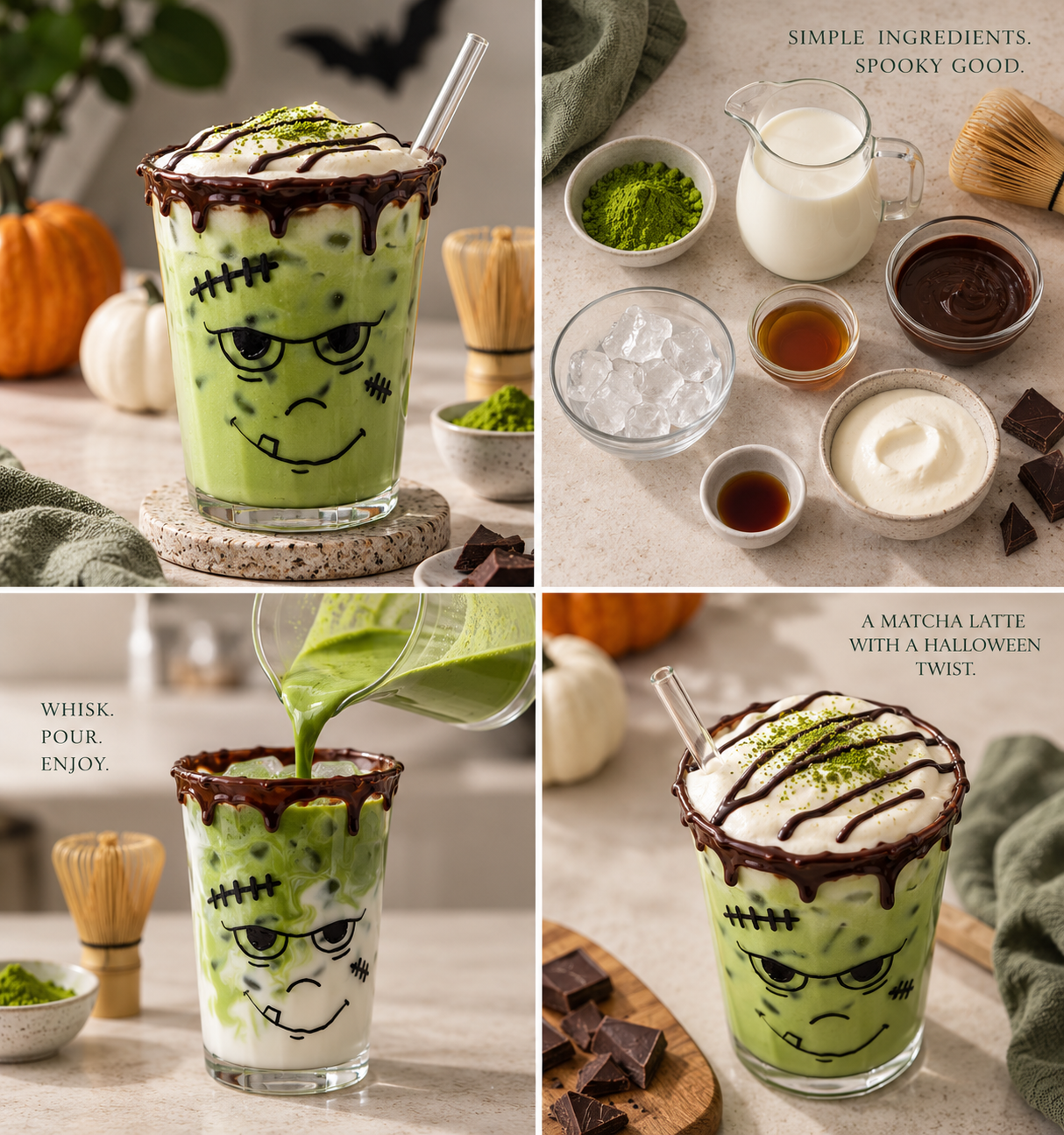 Ingredients and preparation steps for a Halloween matcha latte with vanilla cold foam