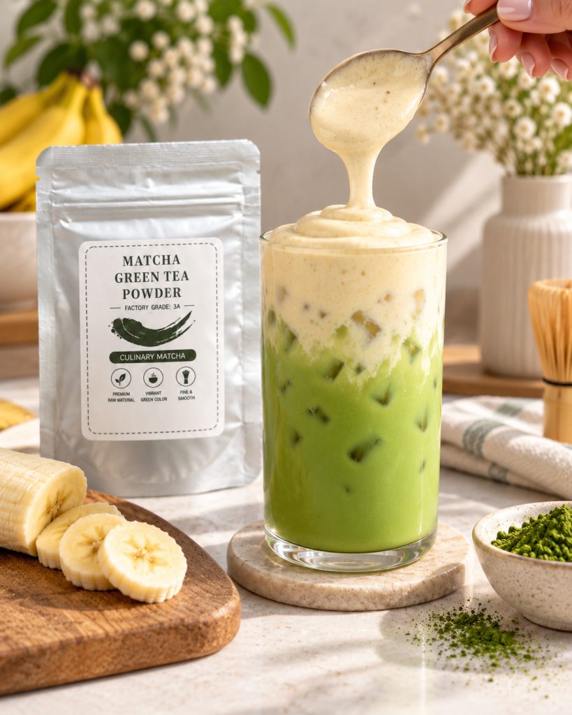 Iced banana cream matcha latte with layered banana topping and matcha powder