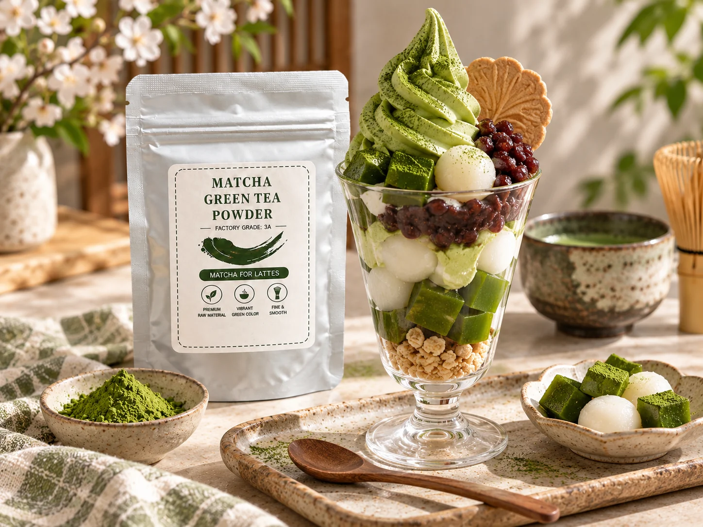 Japanese matcha parfait with matcha jelly, shiratama and red bean