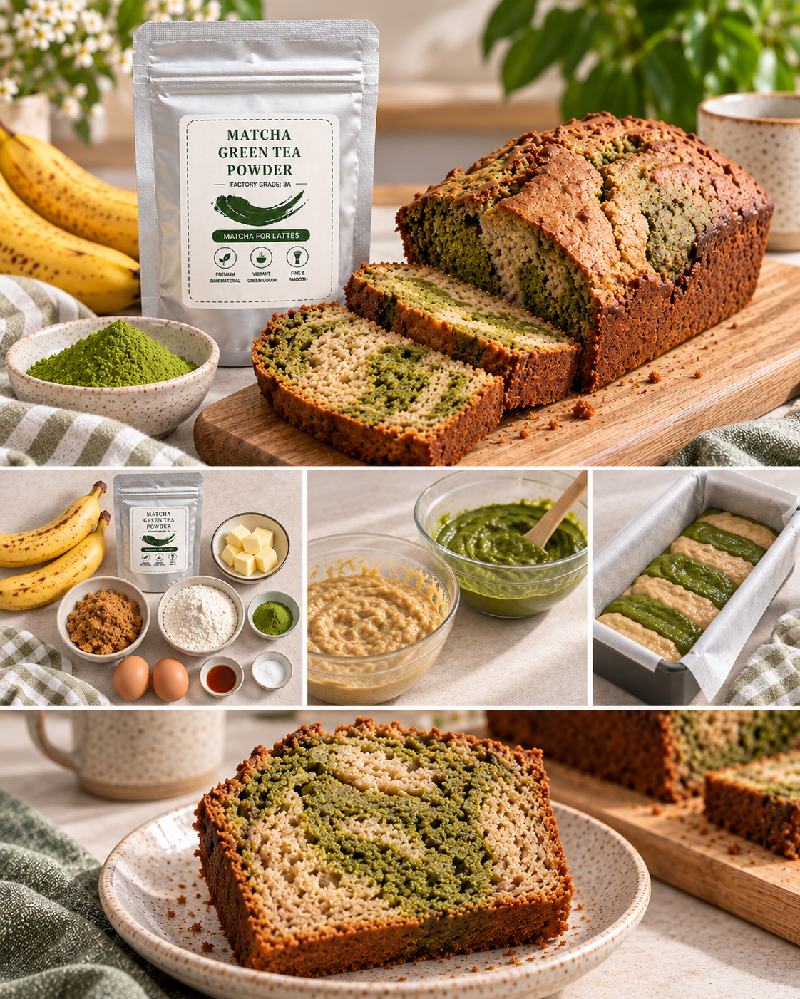 Marbling matcha and banana bread batter in a loaf pan