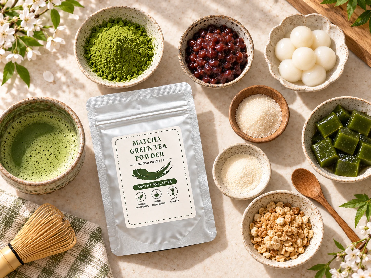 Ingredients for a Japanese matcha parfait with jelly, shiratama and red bean