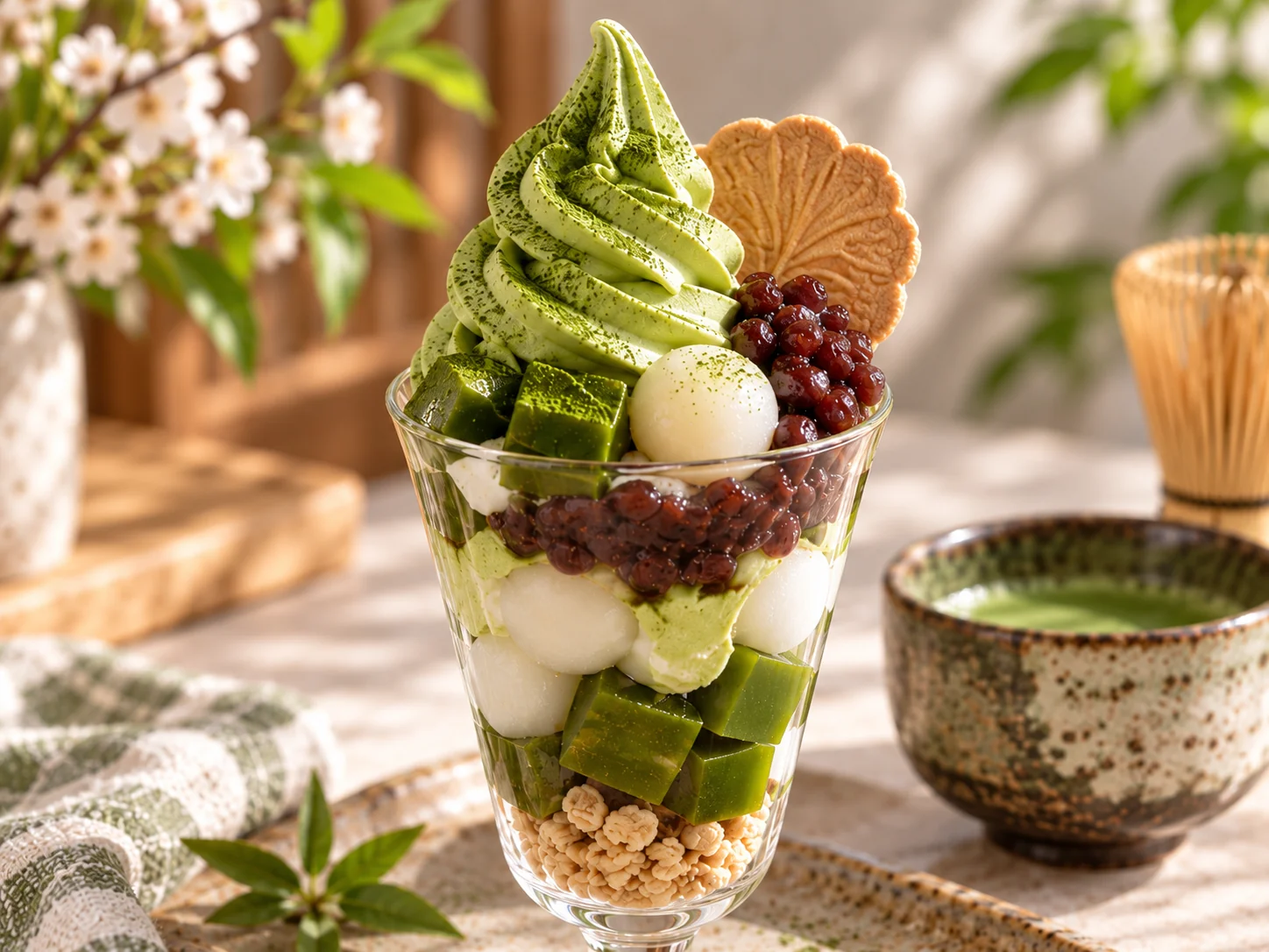 Japanese matcha parfait with matcha jelly, shiratama, red bean and matcha soft serve