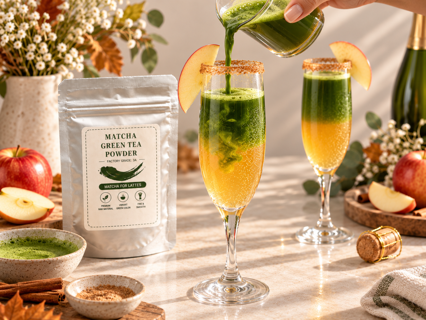 Pouring matcha concentrate into chilled apple cider