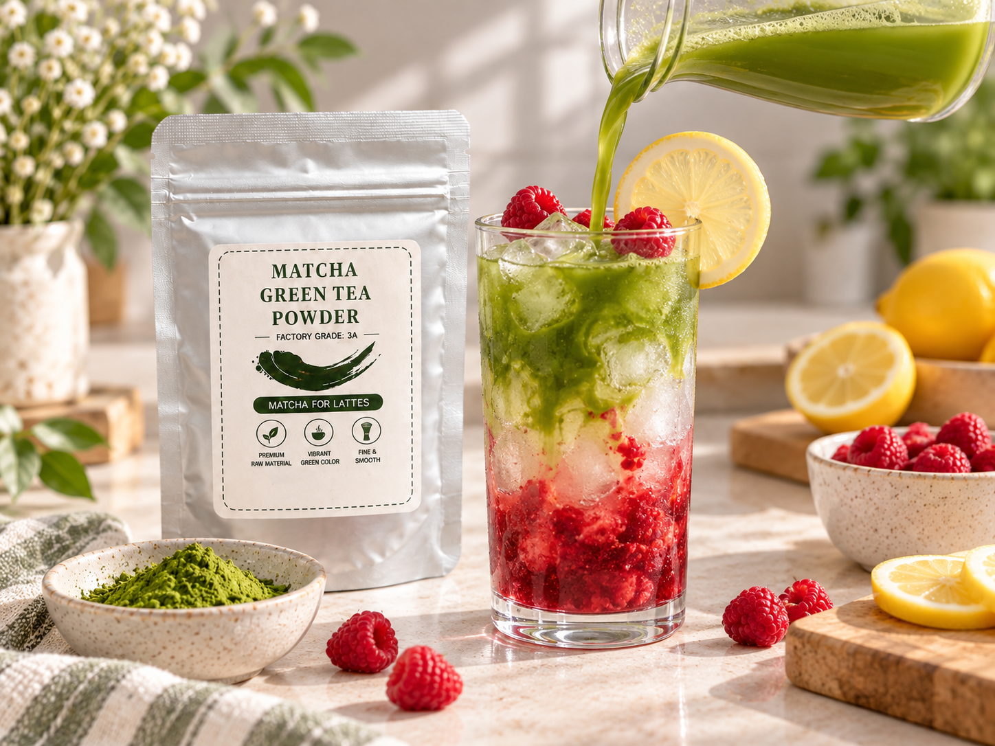 Pouring matcha over raspberry lemonade and ice