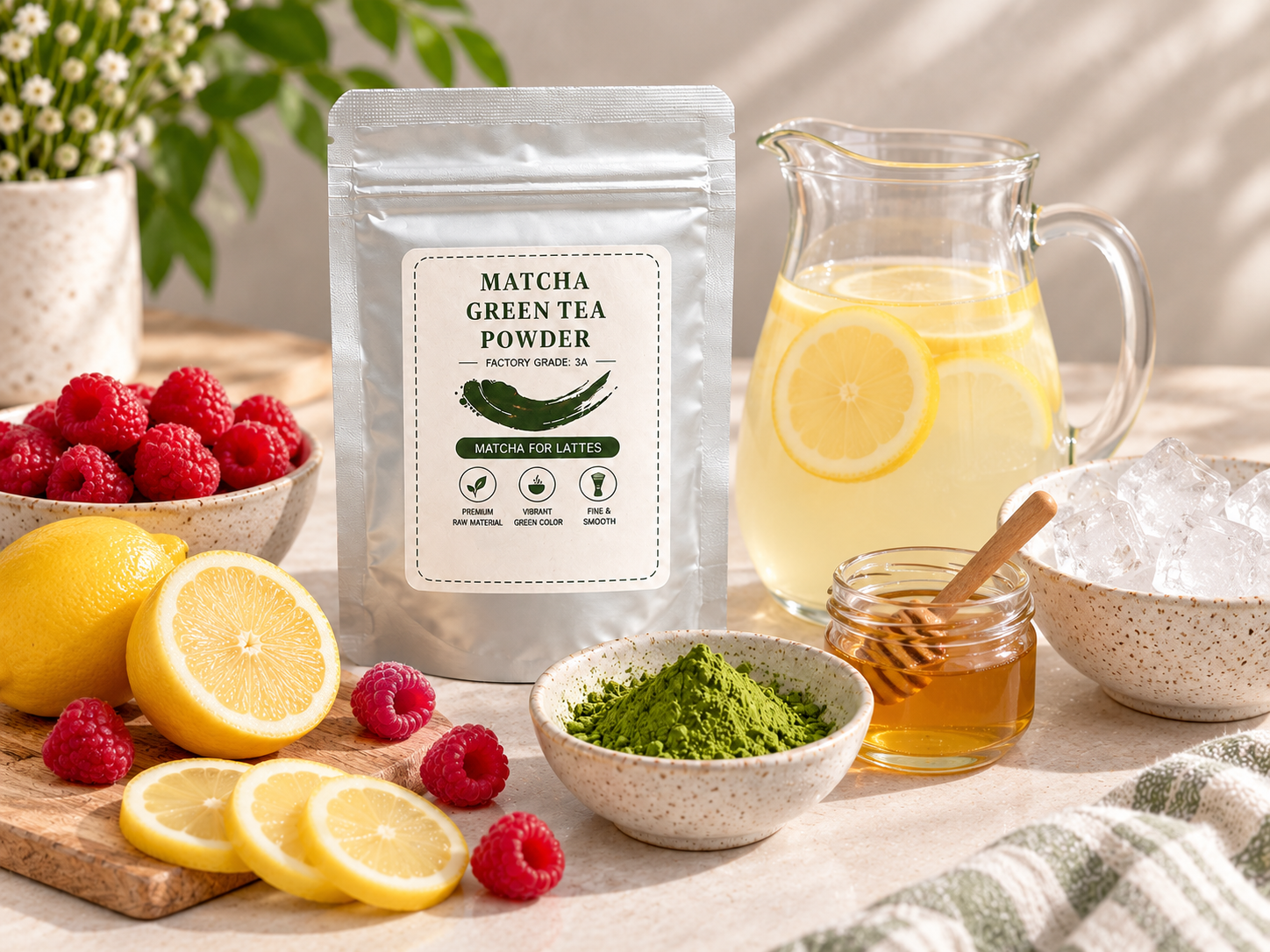 Ingredients for raspberry matcha lemonade with fresh fruit and matcha powder