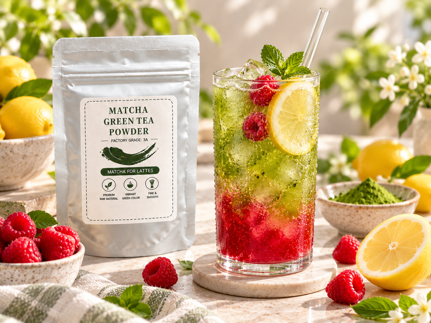 Finished raspberry matcha lemonade for a summer café menu